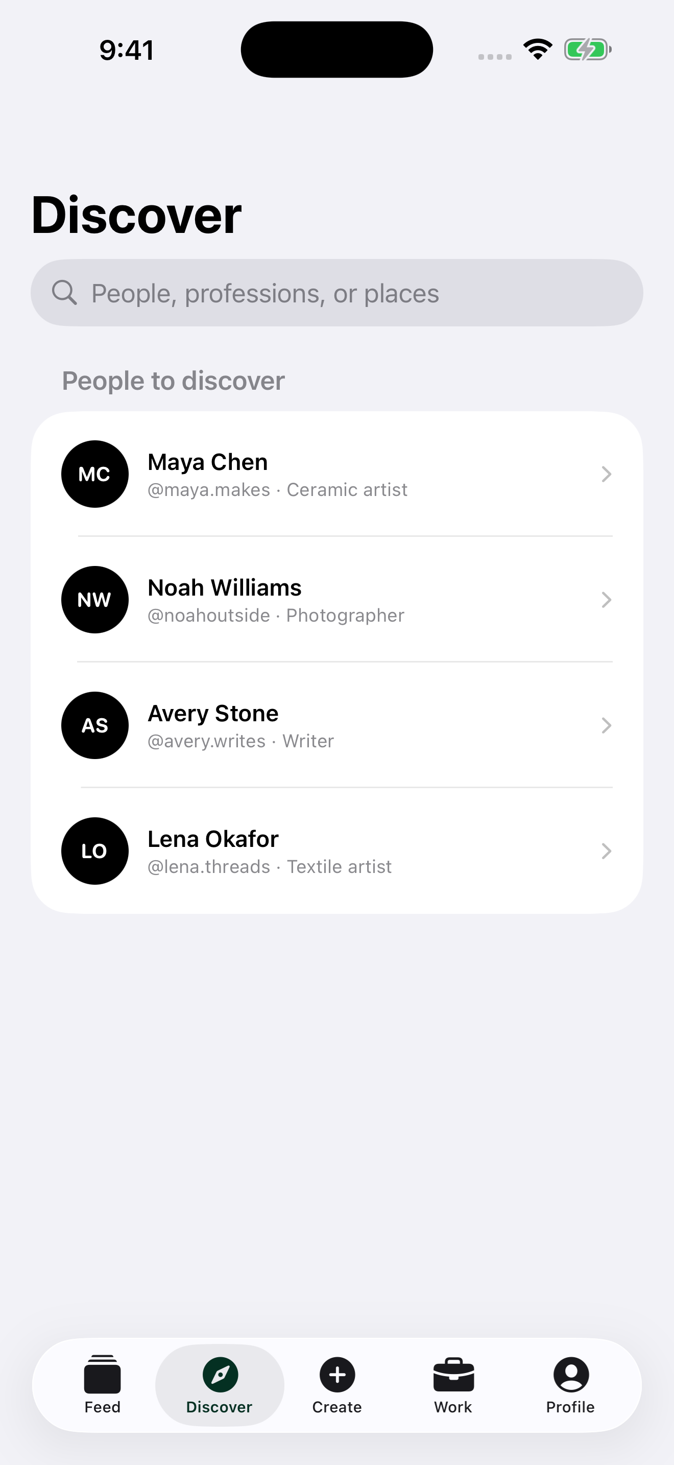 Plain Discover view with recommended people and discovery filters