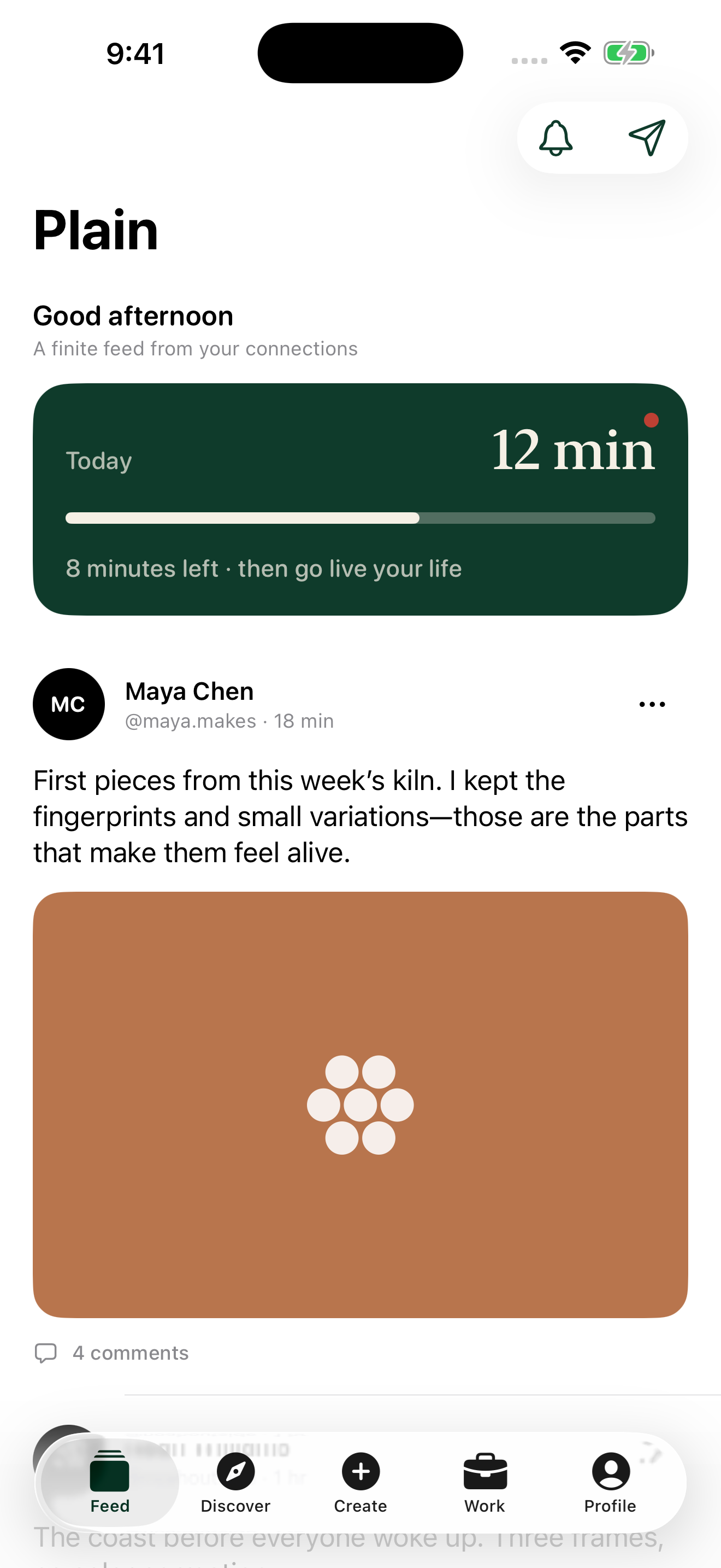 Plain feed showing a daily usage timer and a finite list of posts