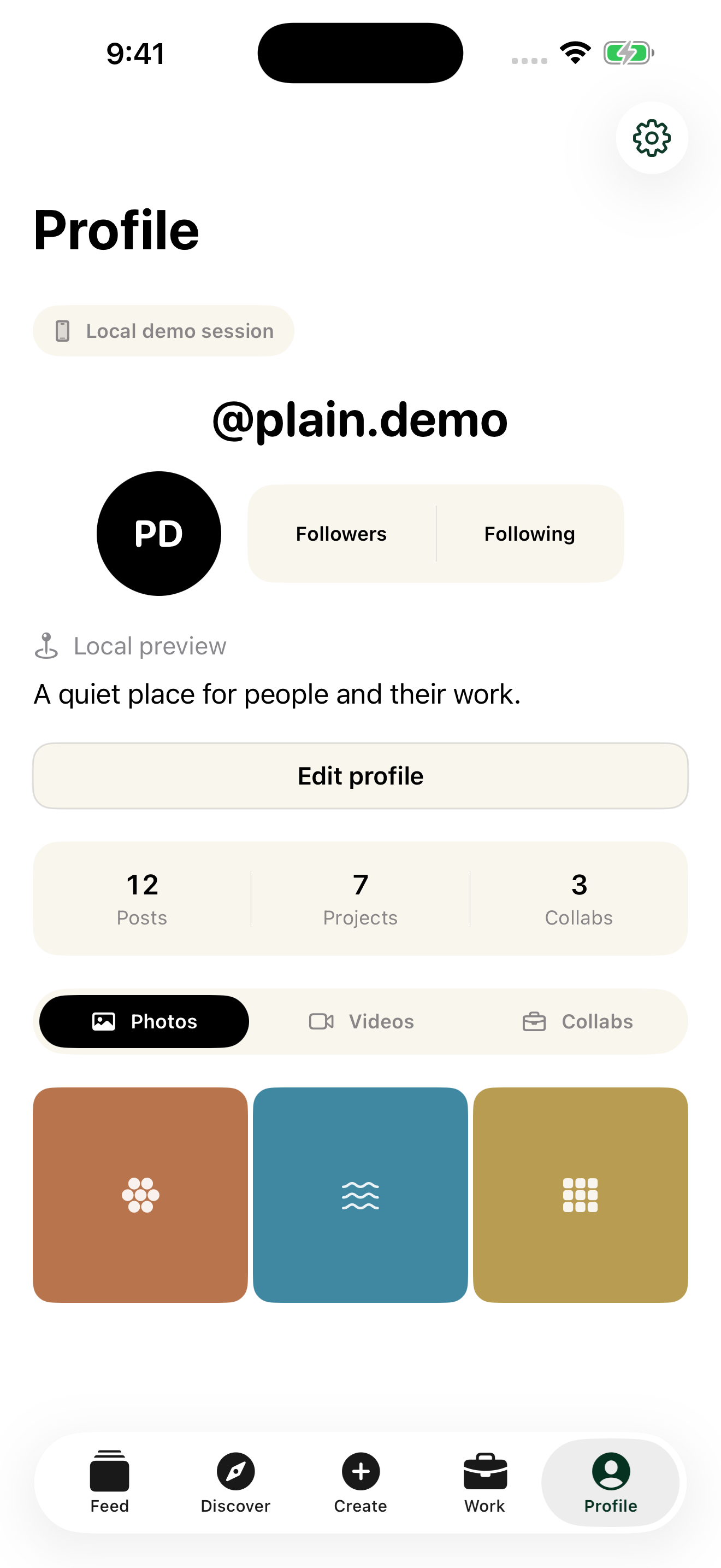 Plain profile showing portfolio tabs and account controls