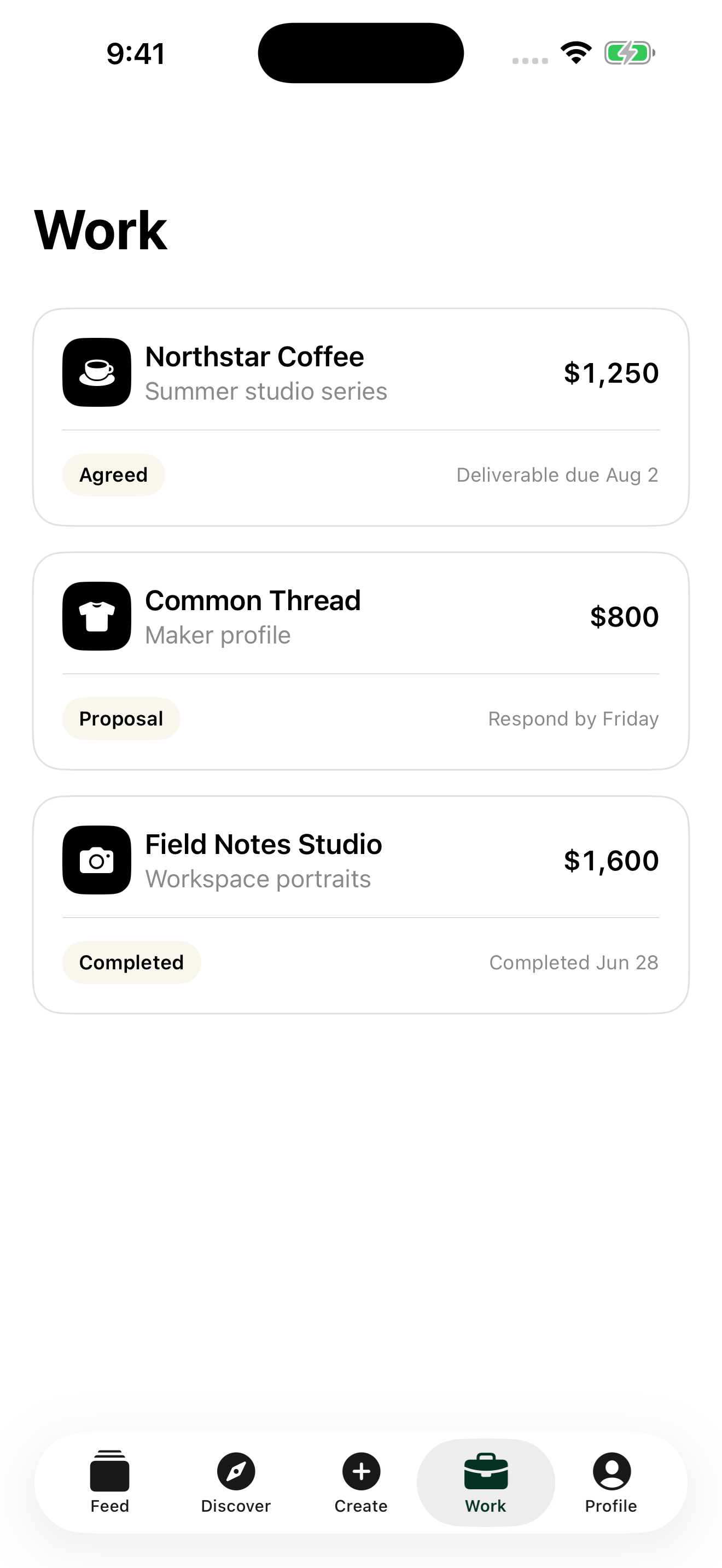 Plain Work view showing creator and brand collaboration proposals